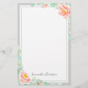 Monogram Eucalyptus Leaves Peony Floral Peach Grey Stationery