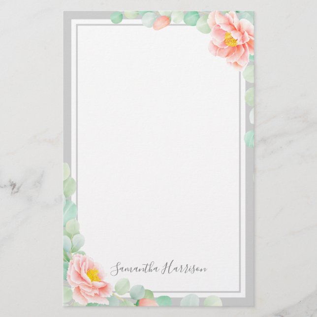 Monogram Eucalyptus Leaves Peony Floral Peach Grey Stationery (Front)