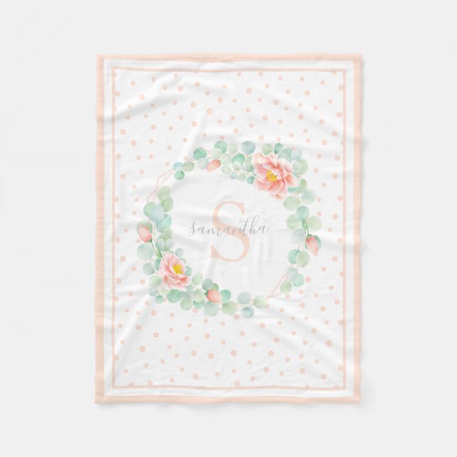 Monogram Eucalyptus Leaves Peony Floral Peach Jade Fleece Blanket (Front)