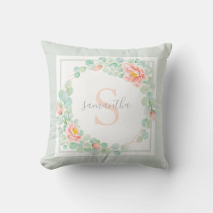 Monogram Eucalyptus Leaves Peony Floral Peach Sage Cushion