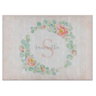 Monogram Eucalyptus Leaves Peony Floral Peach Sage Cutting Board