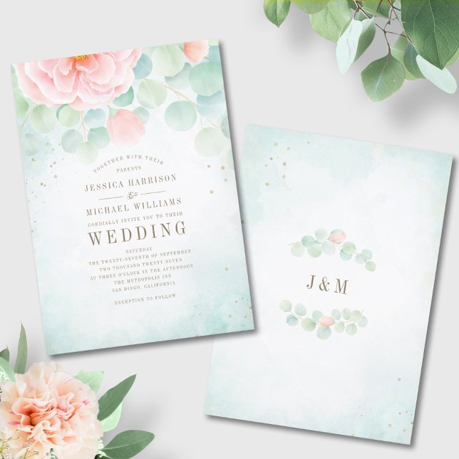 Monogram Eucalyptus Leaves Peony Floral Peach Sage Invitation (Creator Uploaded)