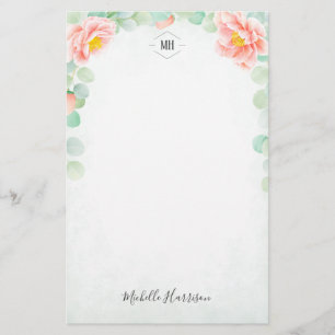 Monogram Eucalyptus Peony Floral Watercolor Peach Stationery