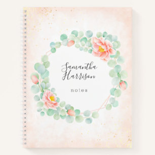 Monogram Eucalyptus Peony Floral Wreath Peach Sage Notebook