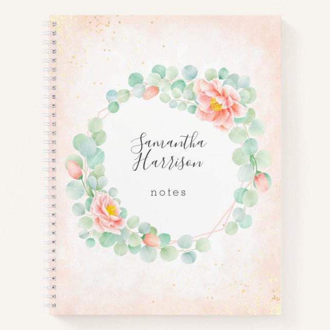 Monogram Eucalyptus Peony Floral Wreath Peach Sage Notebook (Front)