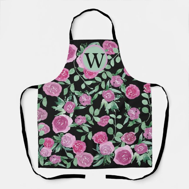 Monogram Eucalyptus Rose Watercolor Design  Apron (Front)