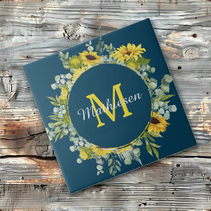 Monogram Eucalyptus Sunflower Blue Tile