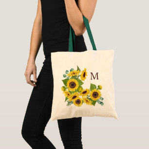 Monogram Eucalyptus Sunflower Bouquet Tote Bag