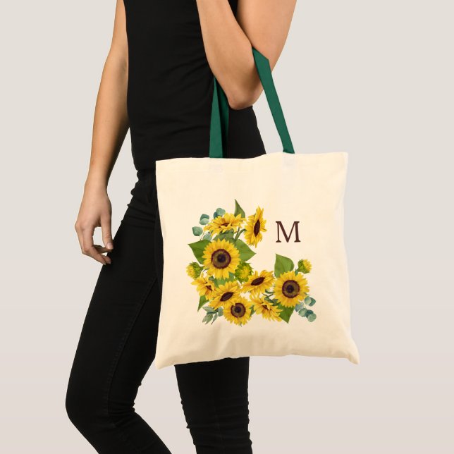 Monogram Eucalyptus Sunflower Bouquet Tote Bag (Front (Product))