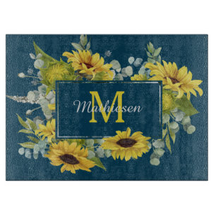 Monogram Eucalyptus Sunflower Frame on Blue  Cutting Board