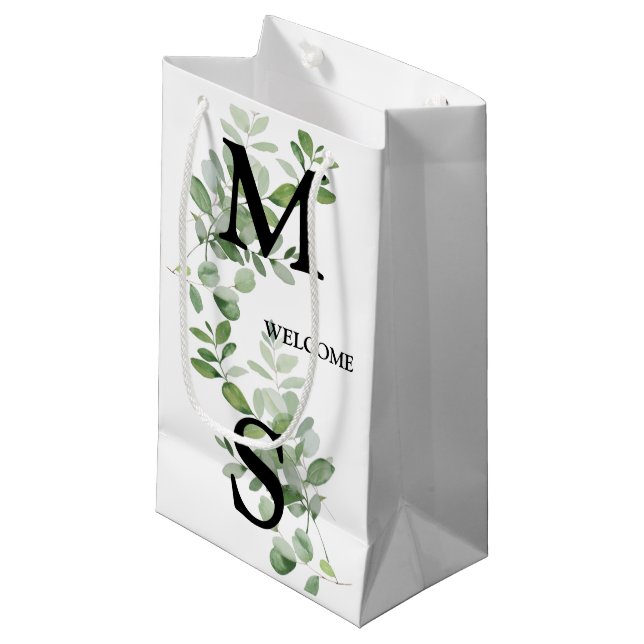 Monogram Eucalyptus Wedding Favour Gift Bag (Front Angled)