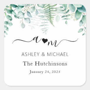 Monogram Eucalyptus Wedding Square Sticker