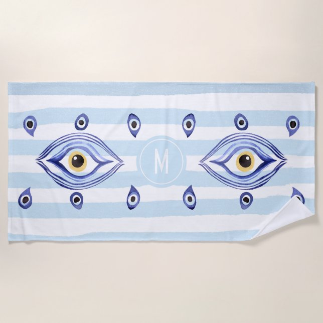 Monogram Evil Eye Nazar Trendy Modern Beach Towel (Front)