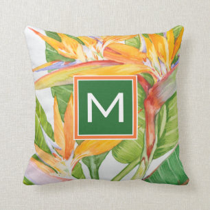 Monogram Exotic Flowers Watercolor Cushion