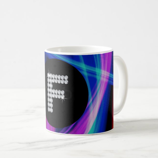 Monogram F Diamond Neon Colourful Background Bling Coffee Mug (Front Right)