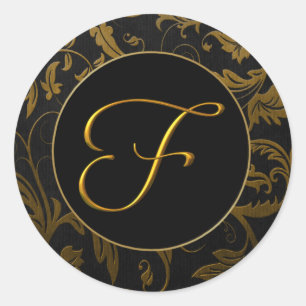 Monogram F Gold and Black Damask Wedding Seal