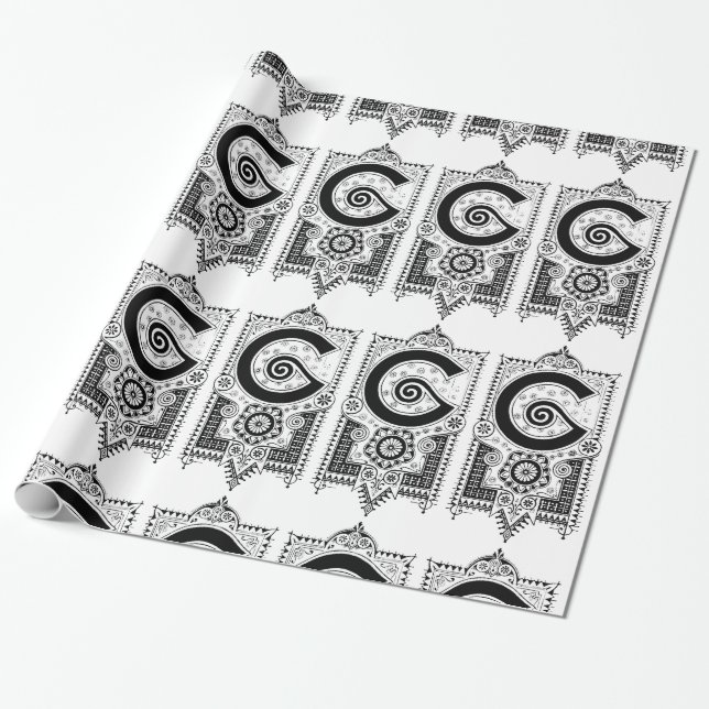 Monogram F Initial Black and White Art Deco Wrapping Paper (Unrolled)