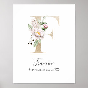 Monogram F Pink White Floral Gold Letter Nursery   Poster
