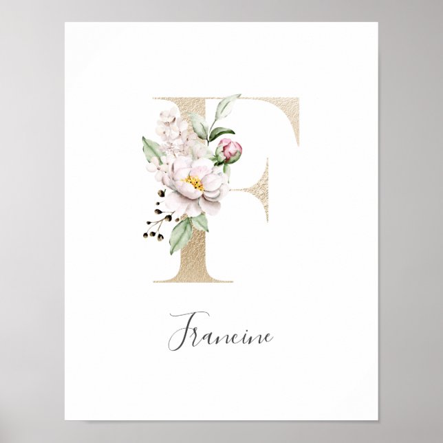Monogram F Pink White Floral Gold Letter Nursery  Poster (Front)