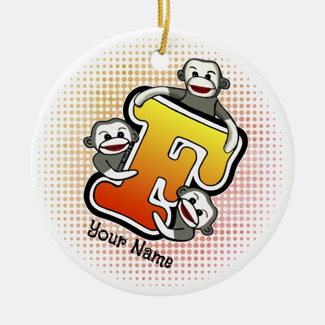 Monogram F Sock Monkey  Ceramic Tree Decoration (Front)