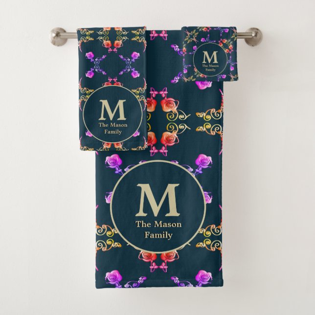 Monogram Faberge-like Rose Pattern on Dark Blue Bath Towel Set (Insitu)
