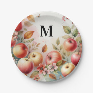 Monogram Fall apples in pastel colors watercolor  Paper Plate