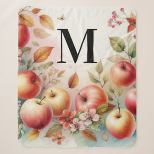 Monogram Fall apples in pastel colours watercolor Sherpa Blanket