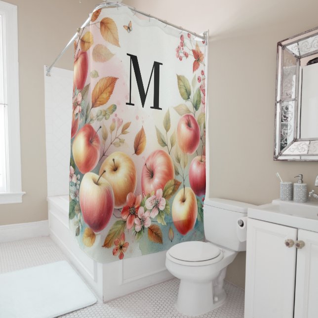 Monogram Fall apples in pastel colours watercolor  Shower Curtain (In Situ)