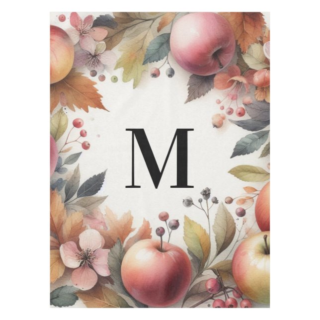Monogram Fall apples in pastel colours watercolor  Tablecloth (Front)