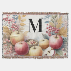 Monogram Fall apples in pastel colours watercolor Throw Blanket