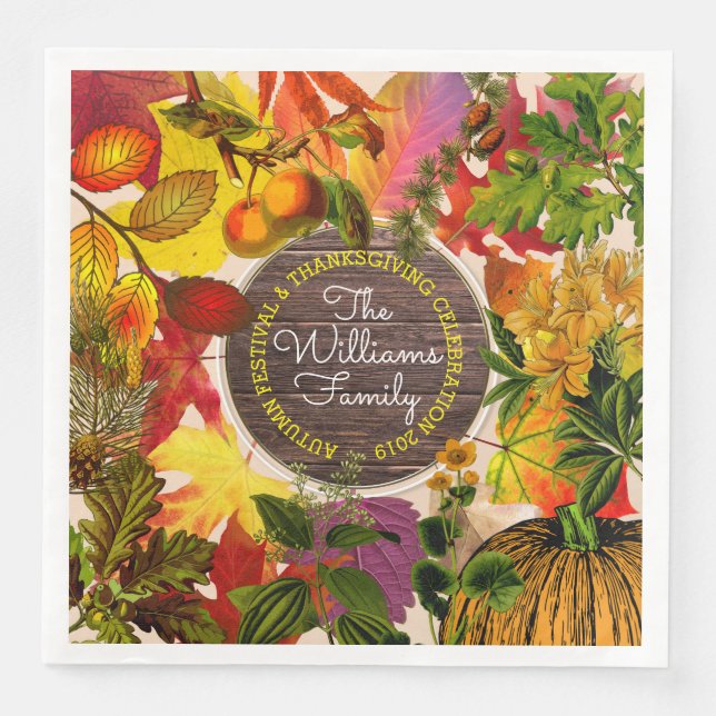 Monogram Fall Autumn Leaves Collage Vintage Wood Napkin (Front)