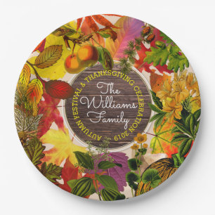 Monogram Fall Autumn Leaves Collage Vintage Wood Paper Plate