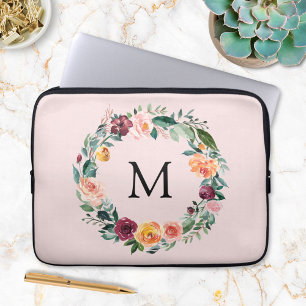 Monogram Fall Autumn Rose Flower Floral Wreath  Laptop Sleeve