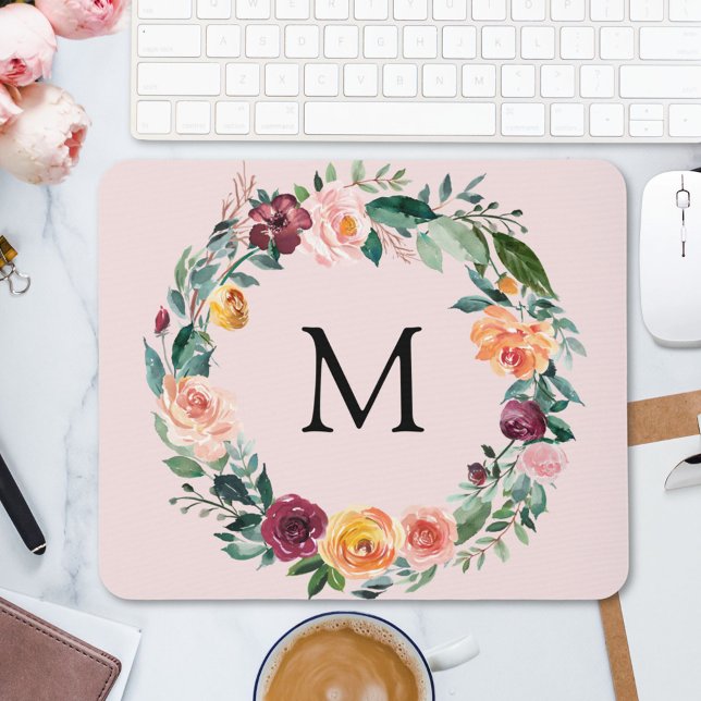 Monogram Fall Autumn Rose Flower Floral Wreath  Mouse Mat (In situ)