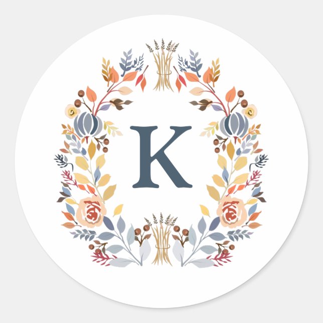 Monogram Fall Colour Yellow, Orange Red Blue Flora Classic Round Sticker (Front)