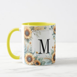 Monogram Fall flowers and sunflowers watercolor Mug