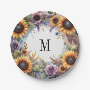 Monogram Fall flowers and sunflowers watercolor Paper Plate