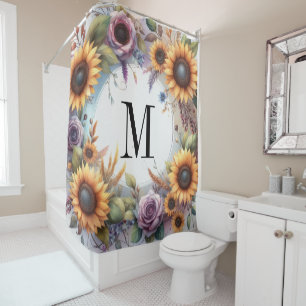 Monogram Fall flowers and sunflowers watercolor Shower Curtain
