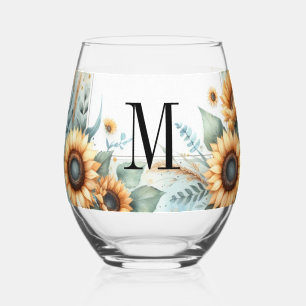 Monogram Fall flowers and sunflowers watercolor Stemless Wine Glass