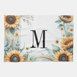 Monogram Fall flowers and sunflowers watercolor Tea Towel