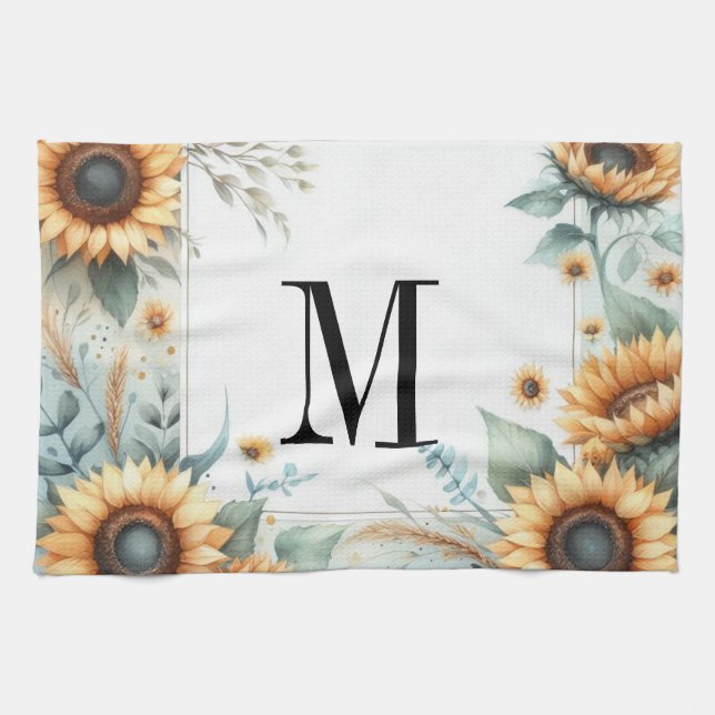 Monogram Fall flowers and sunflowers watercolor Tea Towel (Horizontal)