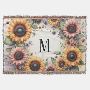 Monogram Fall flowers and sunflowers watercolor Throw Blanket