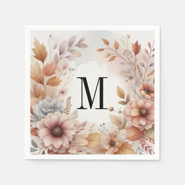 Monogram Fall leaves and flowers watercolor  Napkin (Front)