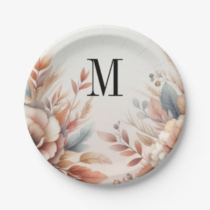 Monogram Fall leaves and flowers watercolor  Paper Plate