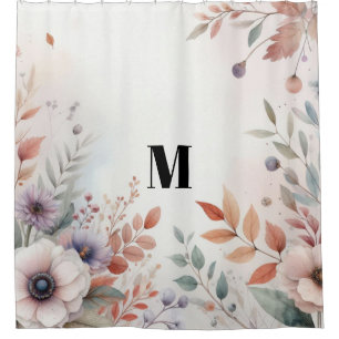 Monogram Fall leaves and flowers watercolor  Shower Curtain