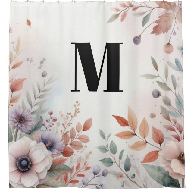 Monogram Fall leaves and flowers watercolor  Shower Curtain (Front)
