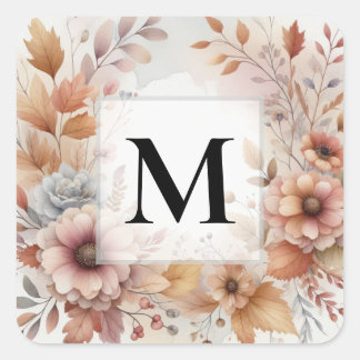 Monogram Fall leaves and flowers watercolor  Square Sticker