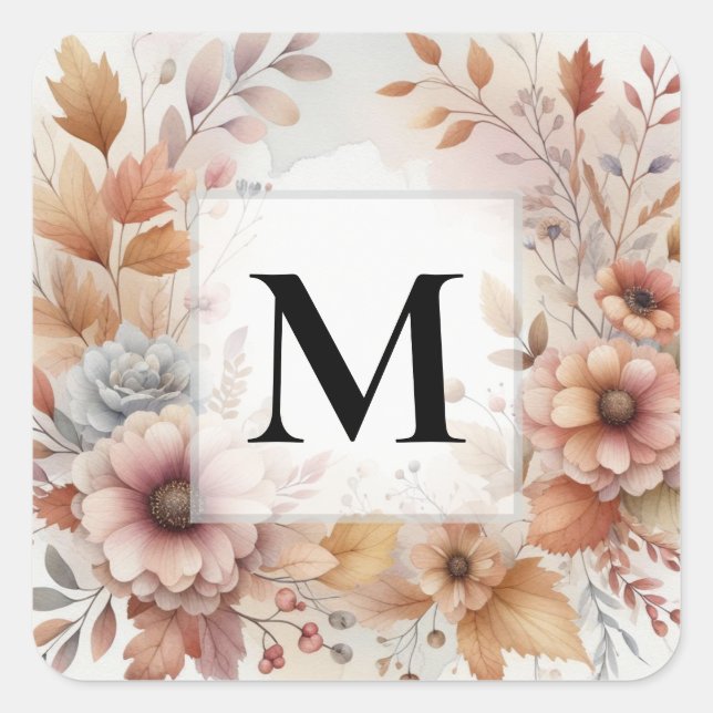 Monogram Fall leaves and flowers watercolor  Square Sticker (Front)