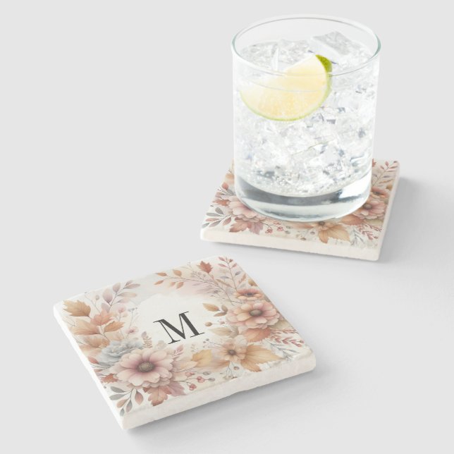 Monogram Fall leaves and flowers watercolor  Stone Coaster (Side)