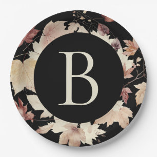 Monogram Fall Leaves Black  Thanksgiving  Paper Plate